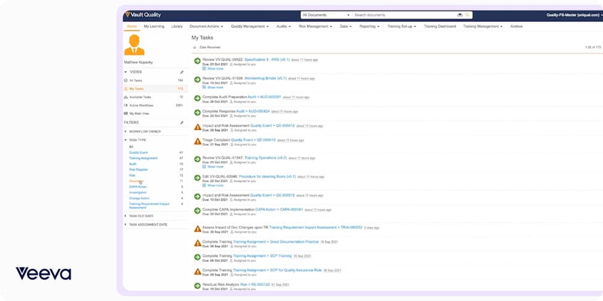 Veeva Vault Quality task list showing assigned document reviews, audits, quality events, CAPAs and trainings with due dates