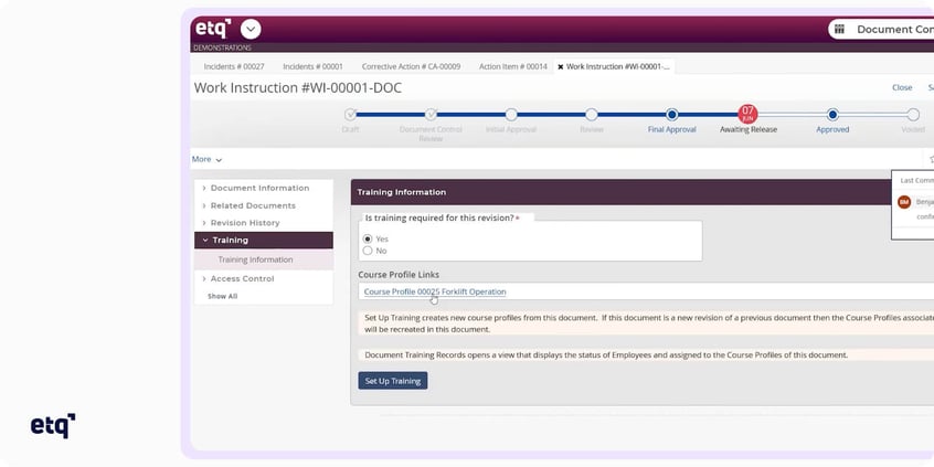 ETQ eQMS work instruction record showing the document approval workflow and the training setup for a new revision