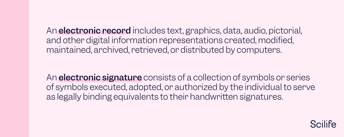 Image that describes the concepts of Electronic Record and Electronic Signature from 21 CFR Part 11 | Scilife