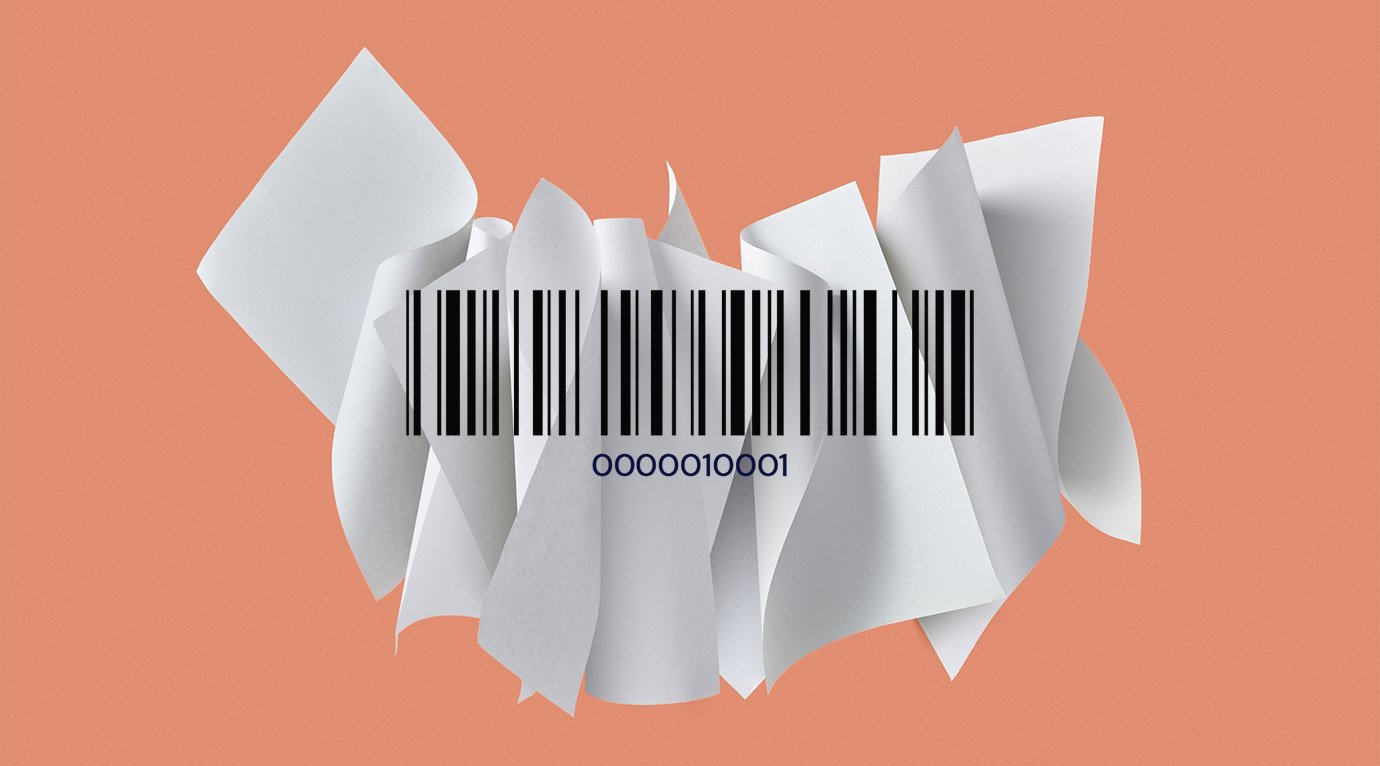 Picture of Floating Set Of Rolled Paper Sheets in a coral background and with a barcode over them to illustrate the new Scilife's Print & Reconciliation new module.
