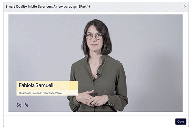 Screenshot of the video player of a course from the Scilife's Smart Quality Platform Academy