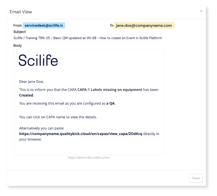 Screenshot of the Email Notification on Scilife's Platform