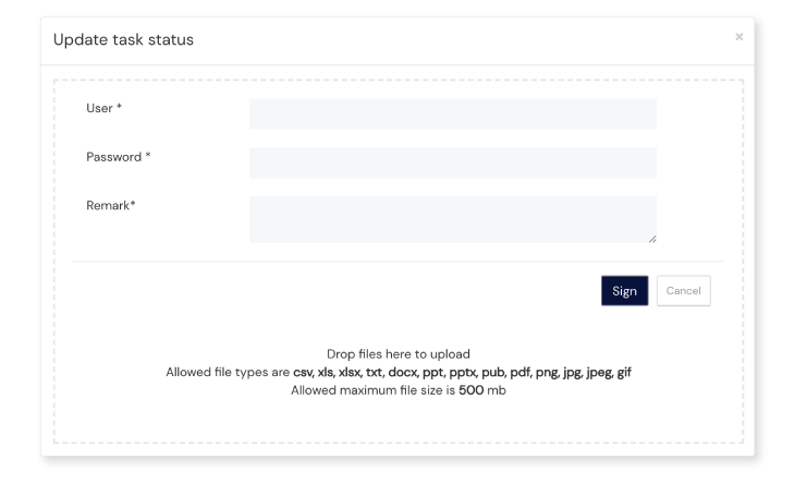 Screenshot of update task status panel on Scilife's Platform