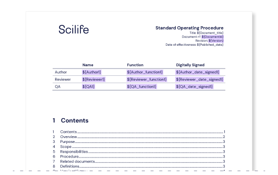 Screenshot of a Document view with variable fields highlighted on Scilife's Platform 