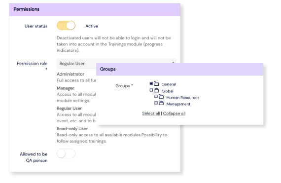 Screenshot of user permissions panel at Scilife's Platform