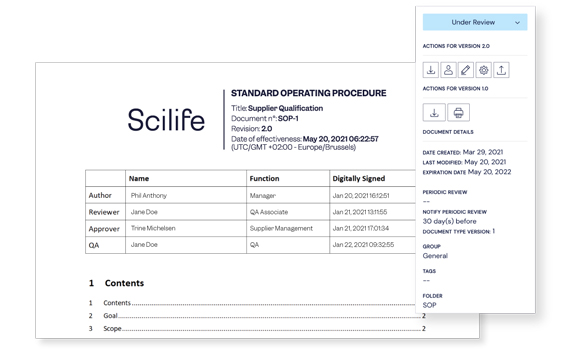 Screenshot of a document view at Scilife Platform