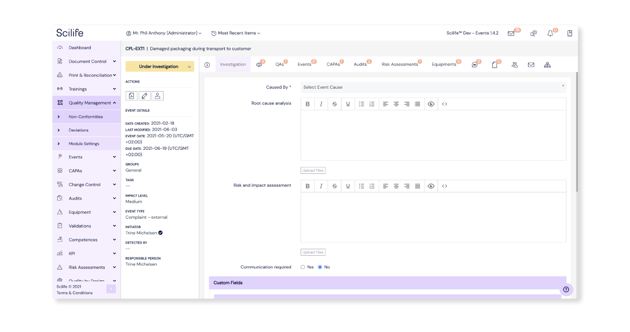 Screenshot of Quality Management Module on Scilife's Platform 