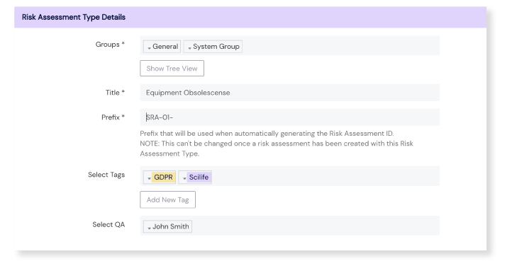 Screenshot of risk assessment type configuration at Scilife's Platform