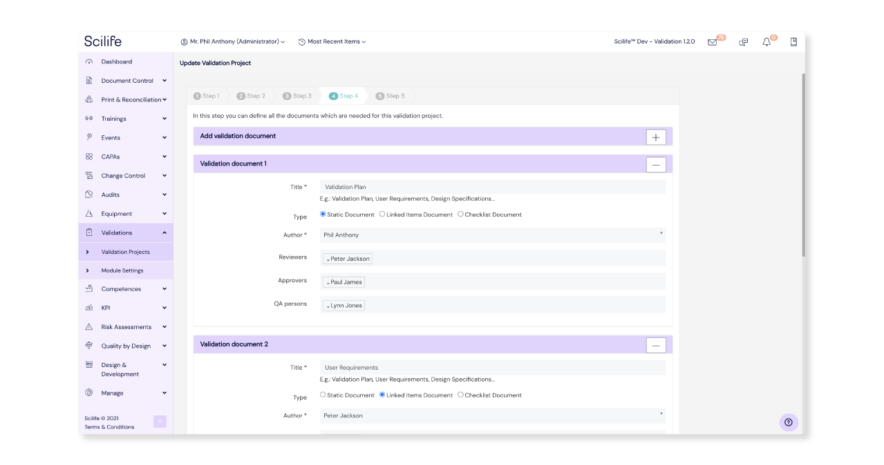 Screenshot of Validations Module Overview on Scilife Platform