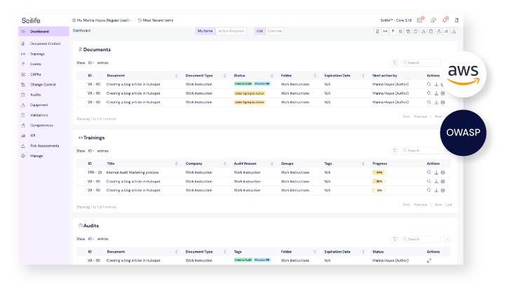 Screenshot of Scilife's Platform with OWASP and AWS stamps
