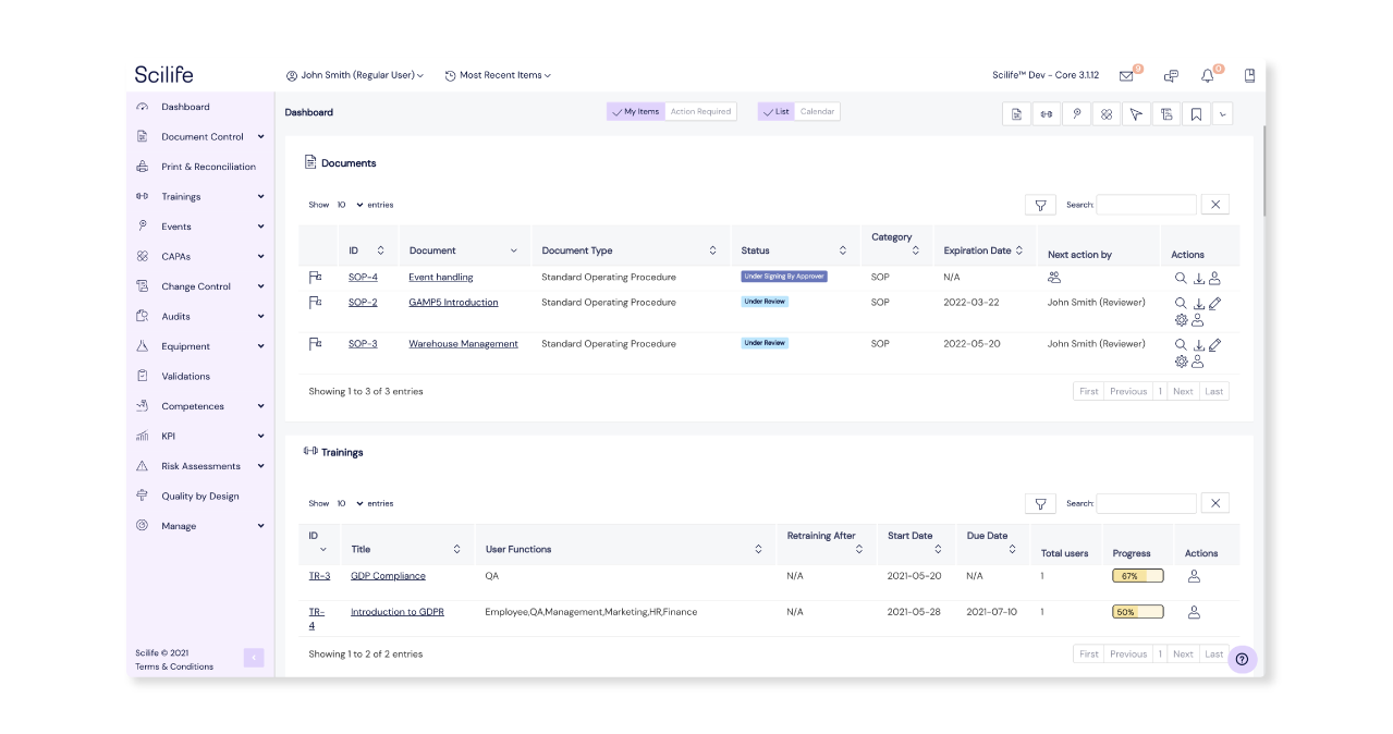 Screenshot of Scilife's Platform Dashboard 