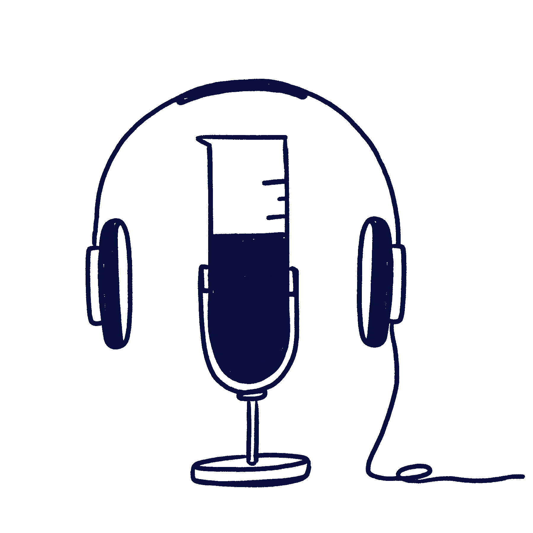 Hand drawn illustration of a test tube that works as a microphone and has headphones around it to represent our Scilife science boosters podcast