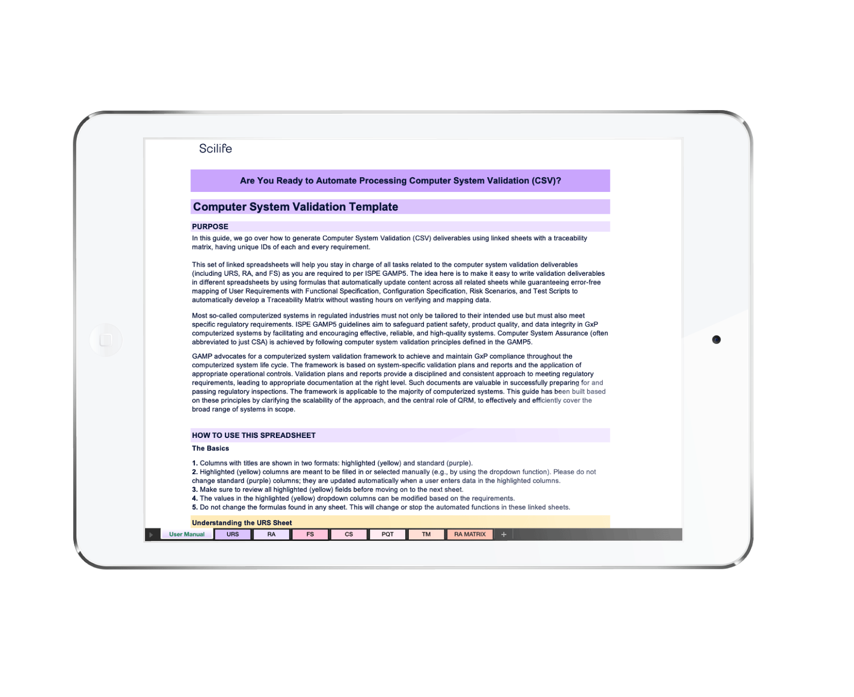 Mockup that shows the Computer System Validation (CSV) Template from Scilife, following GAMP 5